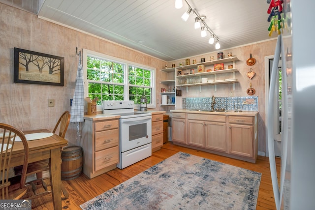 254 Rue Ln, Clayton, GA 30525 - kitchen with white range with electric cooktop, a sink, light brown cabinets, and light wood finished floors