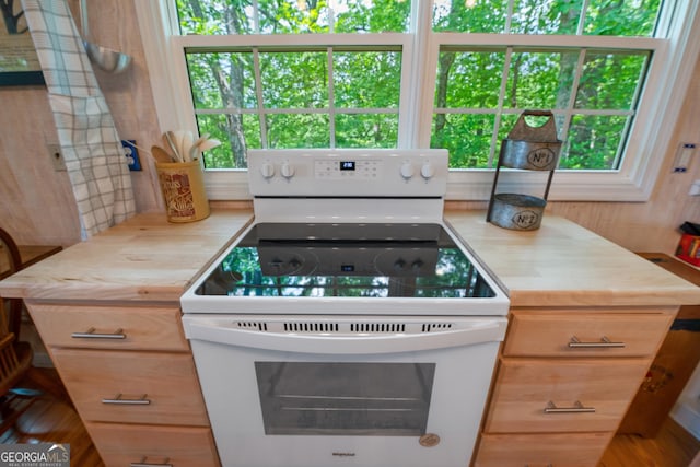 254 Rue Ln, Clayton, GA 30525 - kitchen featuring white electric stove and butcher block countertops