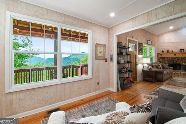 254 Rue Ln, Clayton, GA 30525 - living area with baseboards, hardwood / wood-style floors, a mountain view, wood walls, and a stone fireplace