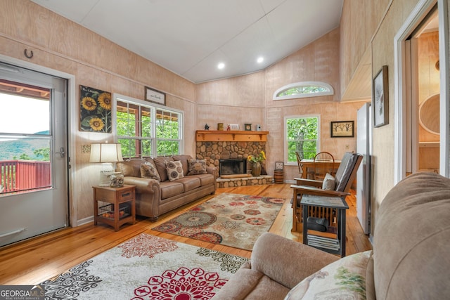 254 Rue Ln, Clayton, GA 30525 - living room with hardwood / wood-style flooring, plenty of natural light, a stone fireplace, high vaulted ceiling, and recessed lighting