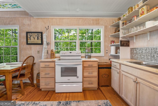 254 Rue Ln, Clayton, GA 30525 - kitchen with white electric stove, open shelves, light wood finished floors, wood walls, and wooden ceiling