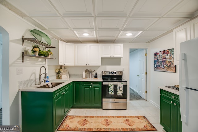 41 Wexford Cir, Cartersville, GA 30121 - kitchen featuring green cabinetry, stainless steel range with electric cooktop, a sink, freestanding refrigerator, and recessed lighting