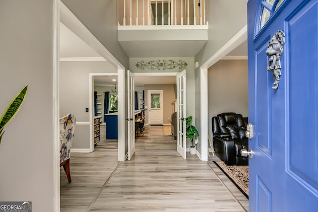 41 Wexford Cir, Cartersville, GA 30121 - entryway with french doors, light wood-type flooring, crown molding, and a towering ceiling