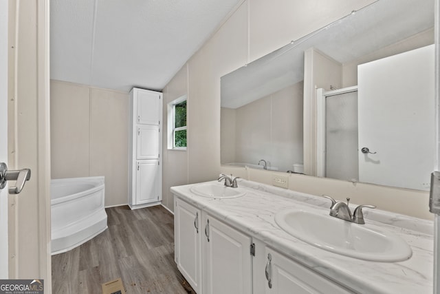 368 Hemlock Ln, Locust Grove, GA 30248 - bathroom featuring wood finished floors, double vanity, a shower stall, and a garden tub