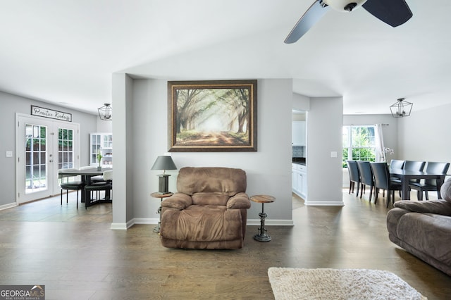 784 Crestworth Xing, Powder Springs, GA 30127 - living area featuring dark wood-style flooring, a ceiling fan, and french doors