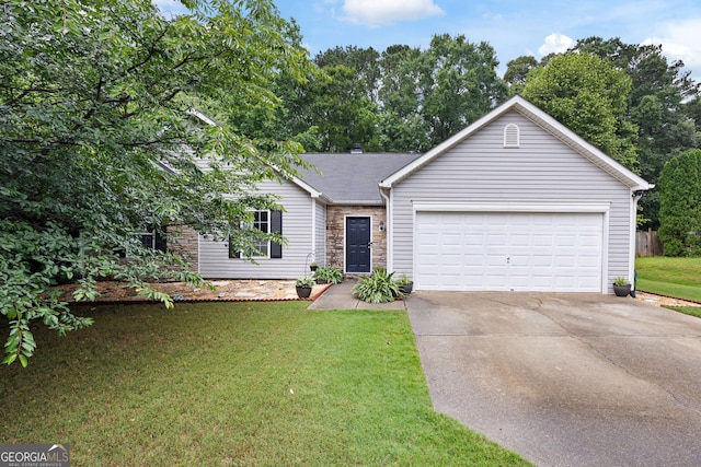 784 Crestworth Xing, Powder Springs, GA 30127 - ranch-style home featuring concrete driveway, a garage, stone siding, a front lawn, and a shingled roof