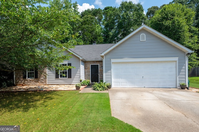784 Crestworth Xing, Powder Springs, GA 30127 - ranch-style home with driveway, stone siding, a front lawn, and roof with shingles