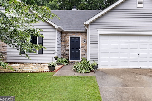 784 Crestworth Xing, Powder Springs, GA 30127 - entrance to property featuring roof with shingles, concrete driveway, a lawn, an attached garage, and stone siding