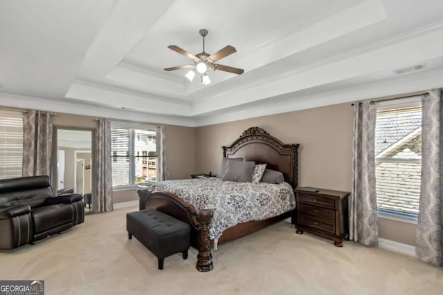 5810 Old Mill Trce, Lithonia, GA 30038 - bedroom with a raised ceiling, light carpet, baseboards, ceiling fan, and ornamental molding