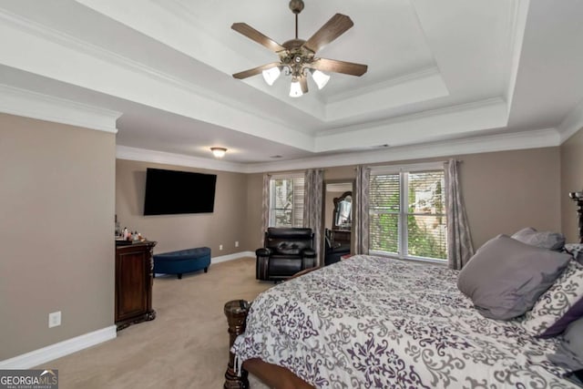 5810 Old Mill Trce, Lithonia, GA 30038 - bedroom with light carpet, a tray ceiling, ornamental molding, baseboards, and ceiling fan