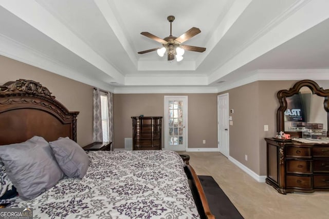 5810 Old Mill Trce, Lithonia, GA 30038 - bedroom with a raised ceiling, light carpet, crown molding, ceiling fan, and baseboards
