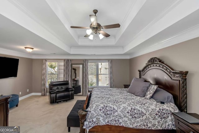 5810 Old Mill Trce, Lithonia, GA 30038 - bedroom with light colored carpet, a raised ceiling, crown molding, baseboards, and ceiling fan