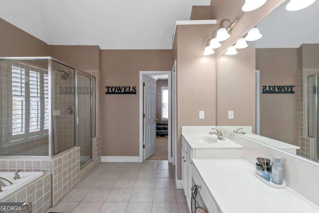 5810 Old Mill Trce, Lithonia, GA 30038 - full bathroom featuring a stall shower, tile patterned flooring, vanity, and a bath