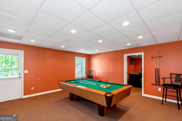 5810 Old Mill Trce, Lithonia, GA 30038 - rec room featuring carpet floors, healthy amount of natural light, baseboards, a paneled ceiling, and recessed lighting