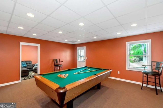 5810 Old Mill Trce, Lithonia, GA 30038 - playroom featuring carpet, billiards, baseboards, recessed lighting, and a paneled ceiling