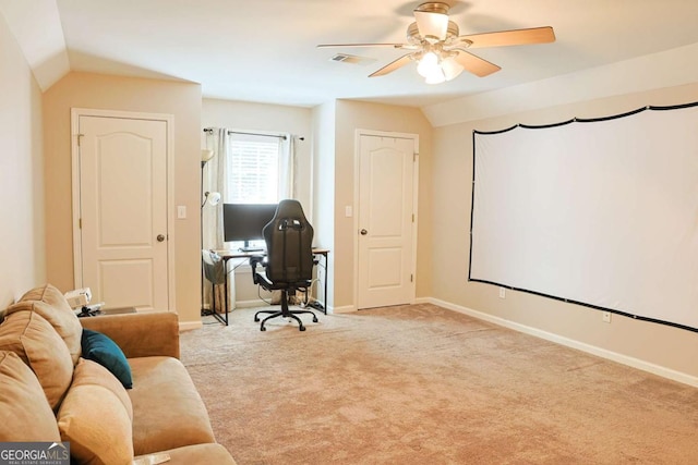 330 Bay Grove Rd, Loganville, GA 30052 - carpeted cinema room with ceiling fan and vaulted ceiling