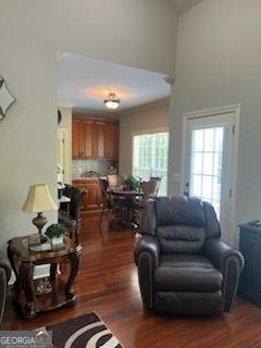 2594 Lassiter Rd, Forsyth, GA 31029 - living area with high vaulted ceiling and dark wood-type flooring