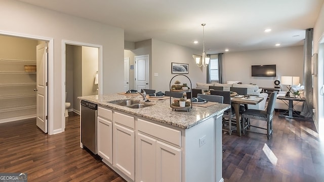 2276 Waycross Ln Unit 21, Dacula, GA 30019 - kitchen with a sink, stainless steel dishwasher, dark wood-style flooring, white cabinetry, and recessed lighting
