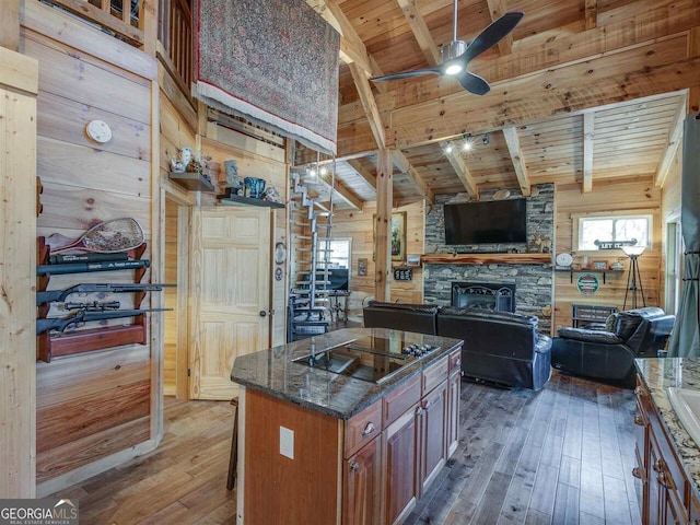 721 Dial Rd, Blue Ridge, GA 30513 - kitchen featuring wood ceiling, wooden walls, wood-type flooring, a fireplace, and ceiling fan