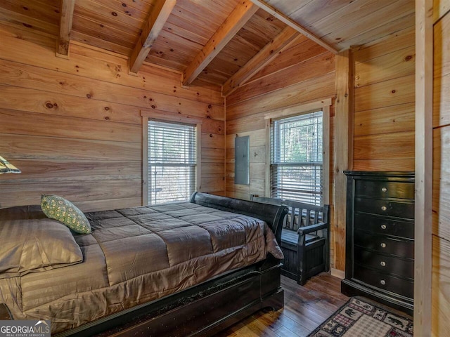 721 Dial Rd, Blue Ridge, GA 30513 - bedroom featuring wood walls, wooden ceiling, hardwood / wood-style floors, and electric panel