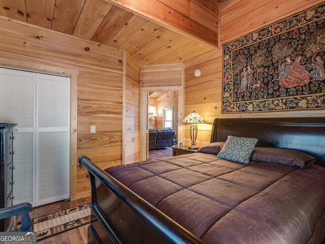 721 Dial Rd, Blue Ridge, GA 30513 - bedroom with wood walls, wood finished floors, and wood ceiling