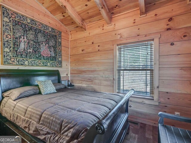 721 Dial Rd, Blue Ridge, GA 30513 - bedroom with wooden ceiling, wood walls, and wood-type flooring