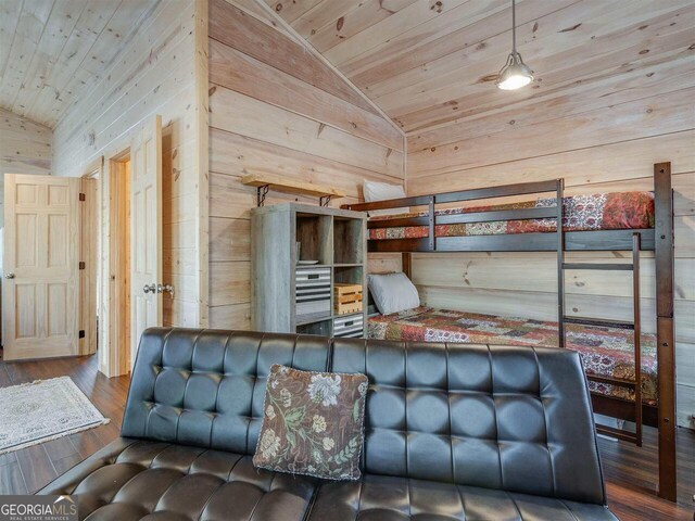 721 Dial Rd, Blue Ridge, GA 30513 - bedroom featuring lofted ceiling, wooden ceiling, wooden walls, and hardwood / wood-style floors
