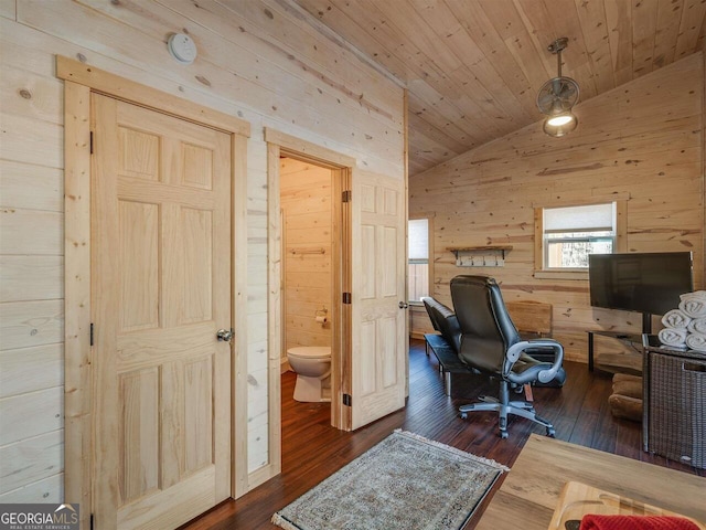 721 Dial Rd, Blue Ridge, GA 30513 - home office with wood walls, lofted ceiling, and dark wood-style flooring