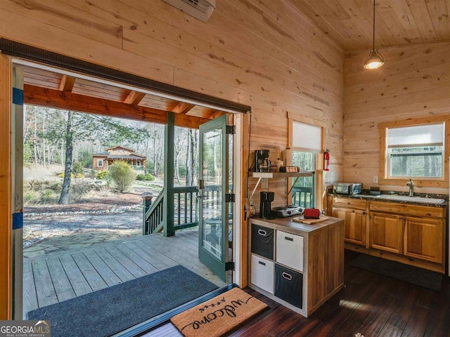721 Dial Rd, Blue Ridge, GA 30513 - entryway featuring a sink, dark wood-style floors, wooden walls, and wooden ceiling