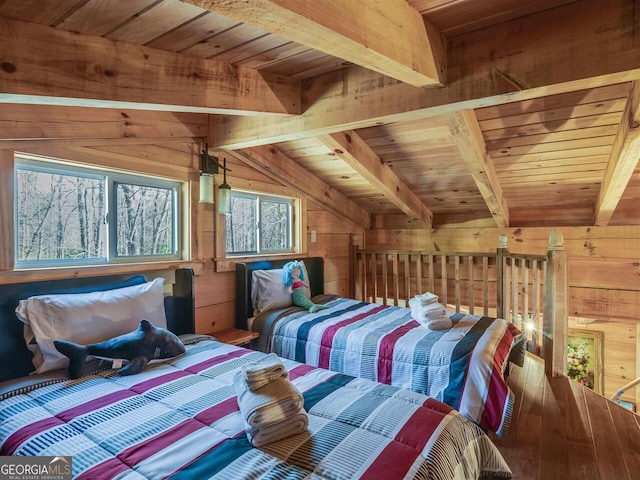 721 Dial Rd, Blue Ridge, GA 30513 - bedroom featuring wood walls and wood ceiling with exposed beams