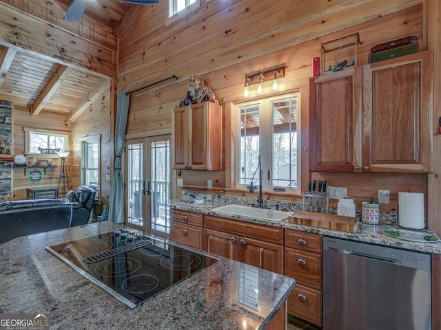 721 Dial Rd, Blue Ridge, GA 30513 - kitchen featuring dishwasher, french doors, black electric stovetop, wooden walls, and wooden ceiling