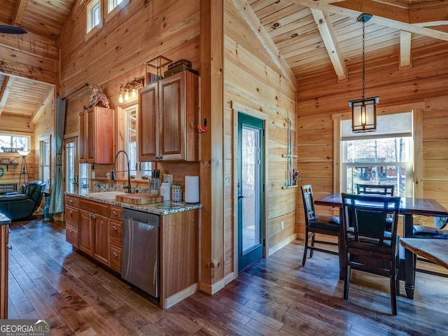 721 Dial Rd, Blue Ridge, GA 30513 - kitchen featuring dishwasher, wooden walls, high vaulted ceiling, healthy amount of natural light, and wooden ceiling with exposed beams