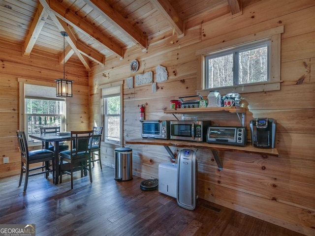 721 Dial Rd, Blue Ridge, GA 30513 - office area featuring wood walls, wooden ceiling, and dark wood-style floors