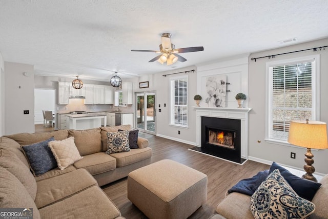 125 Sable Pointe Dr, Milton, GA 30004 - living room with dark wood-style flooring, ceiling fan, a lit fireplace, a textured ceiling, and baseboards