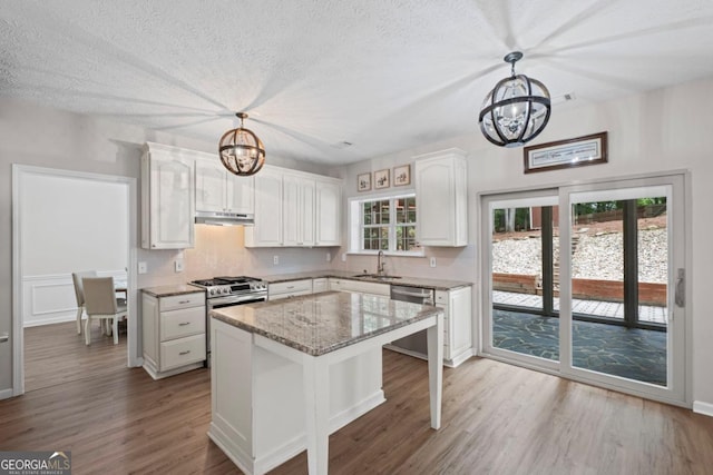 125 Sable Pointe Dr, Milton, GA 30004 - kitchen featuring a chandelier, stainless steel appliances, a sink, wood finished floors, and white cabinets