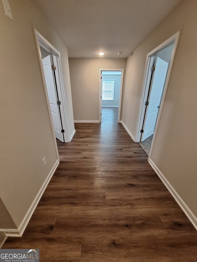 489 Asbury Mill Rd, Cleveland, GA 30528 - hallway with baseboards, dark wood-style flooring, and recessed lighting
