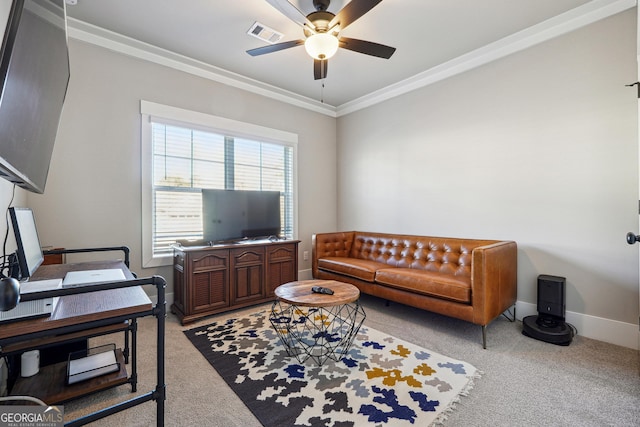 2441 Waterside Dr, Monroe, GA 30655 - living area featuring light colored carpet, a ceiling fan, a desk, and crown molding