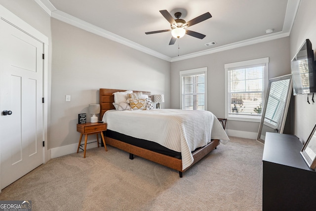 2441 Waterside Dr, Monroe, GA 30655 - bedroom featuring ornamental molding, light colored carpet, baseboards, and a ceiling fan