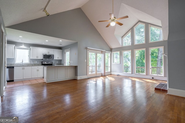 1650 Vintage Club Dr, Greensboro, GA 30642 - unfurnished living room featuring high vaulted ceiling, a sink, a ceiling fan, wood finished floors, and baseboards