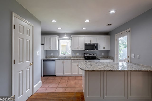 1650 Vintage Club Dr, Greensboro, GA 30642 - kitchen featuring stainless steel appliances, a sink, plenty of natural light, white cabinets, and recessed lighting