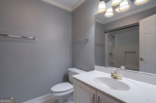 1650 Vintage Club Dr, Greensboro, GA 30642 - bathroom with toilet, vanity, tile patterned flooring, ornamental molding, and baseboards