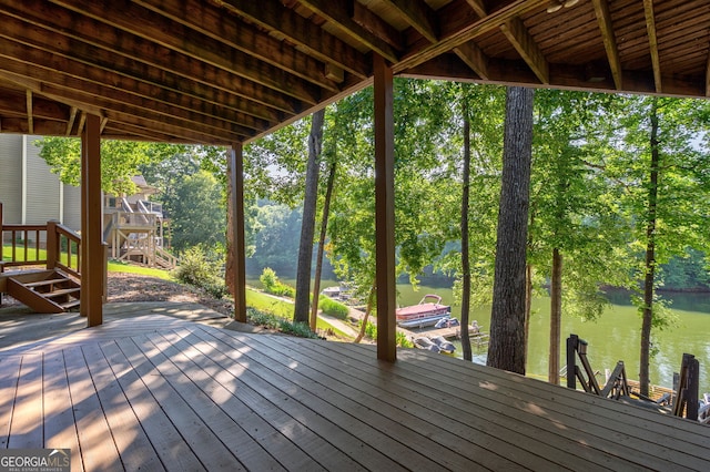 1650 Vintage Club Dr, Greensboro, GA 30642 - wooden deck featuring a dock, a water view, and view of scattered trees