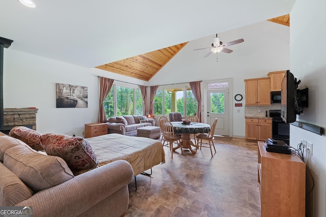 1315 Chimney Mountain Flats Trl, Clarkesville, GA 30523 - living room with high vaulted ceiling, a ceiling fan, wood ceiling, and stone finish floors