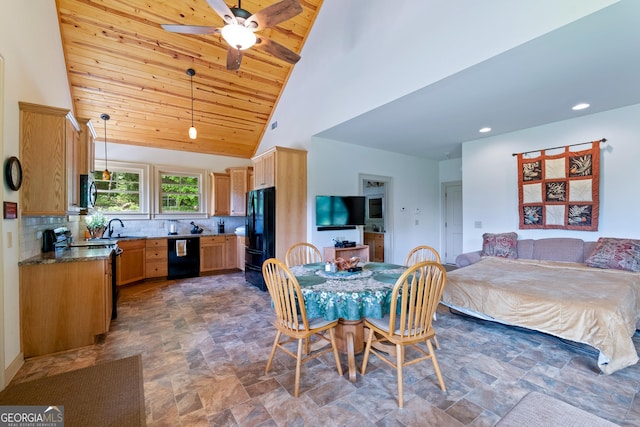 1315 Chimney Mountain Flats Trl, Clarkesville, GA 30523 - dining room featuring wooden ceiling, high vaulted ceiling, stone finish flooring, a ceiling fan, and recessed lighting