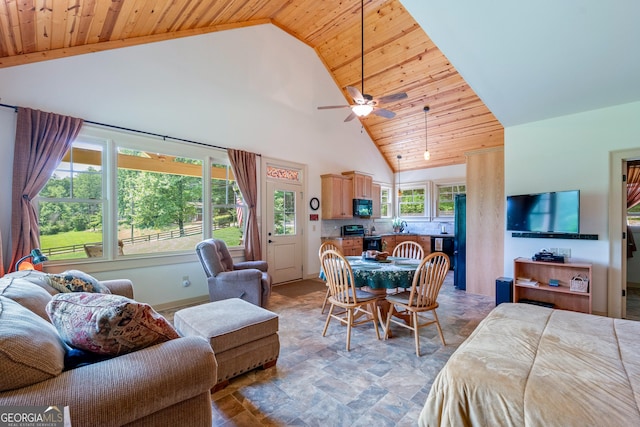 1315 Chimney Mountain Flats Trl, Clarkesville, GA 30523 - bedroom featuring high vaulted ceiling, stone finish floors, wood ceiling, and freestanding refrigerator