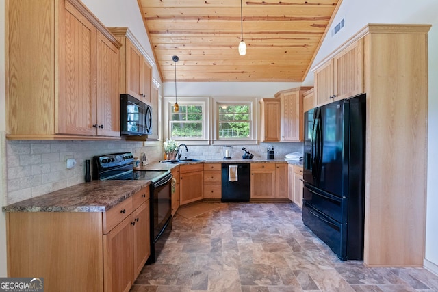 1315 Chimney Mountain Flats Trl, Clarkesville, GA 30523 - kitchen featuring black appliances, wooden ceiling, light brown cabinets, a sink, and vaulted ceiling