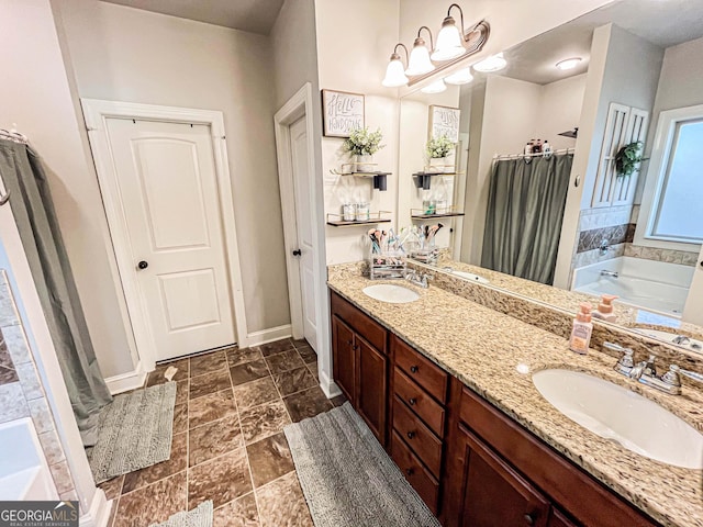 125 Kayla Ct, Locust Grove, GA 30248 - full bath featuring a bath, double vanity, baseboards, and curtained shower