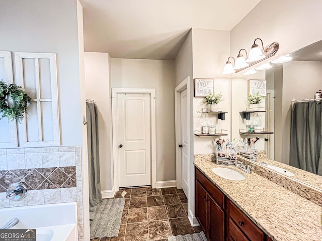 125 Kayla Ct, Locust Grove, GA 30248 - full bath with vanity, a bath, baseboards, and a shower with shower curtain