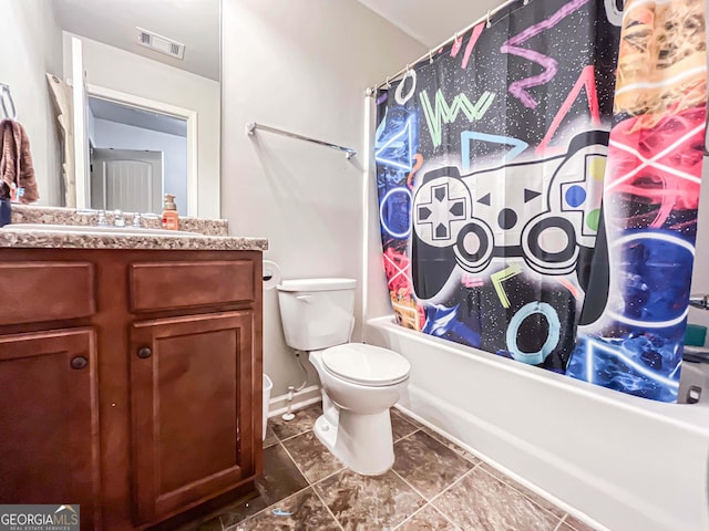 125 Kayla Ct, Locust Grove, GA 30248 - full bathroom with vanity, shower / tub combo with curtain, toilet, and tile patterned flooring
