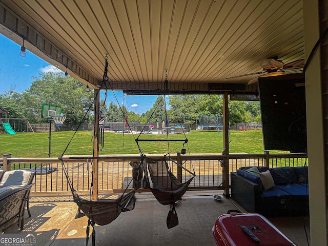 125 Kayla Ct, Locust Grove, GA 30248 - view of patio / terrace featuring a playground, a trampoline, and a ceiling fan